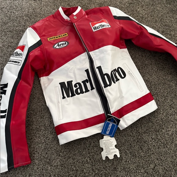 New 100% Genuine Leather Authentic Marlboro Racing Jacket Small Pads F1 NASCAR - Picture 1 of 3